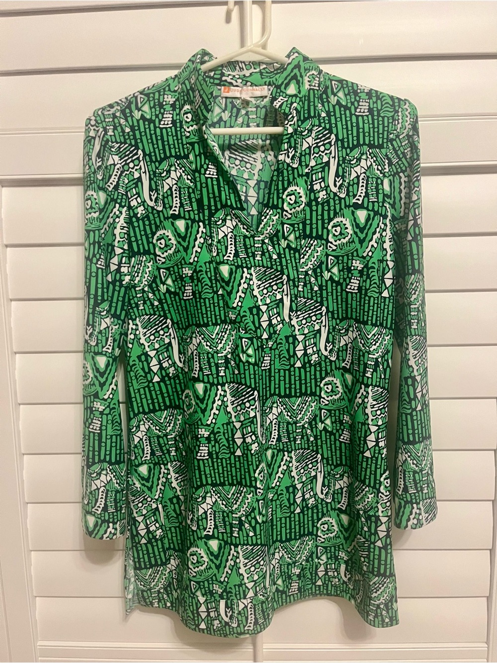 Jude Connally Geometric ( Hidden Elephant )Tunic Top Kelly Green & Navy Size Sm
